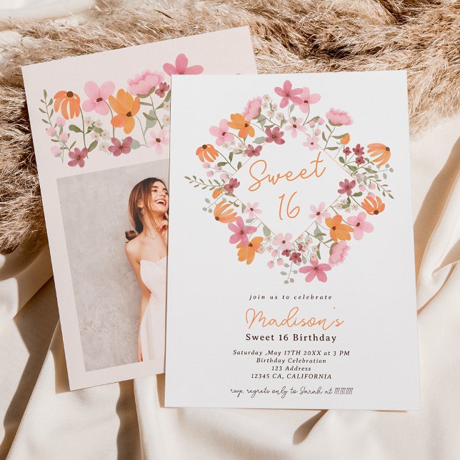 Boho meadow wildflowers photo Sweet 16 Invitation (Creator Uploaded)