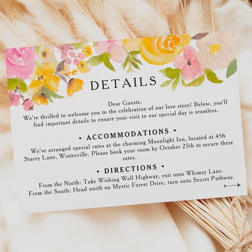 Boho meadow yellow floral Wedding details Enclosure Card