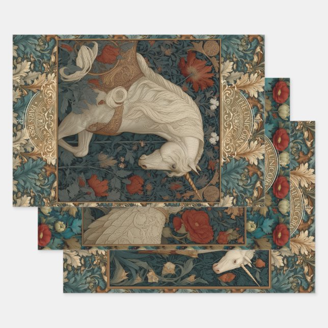 Boho Medieval Unicorn Illuminated Floral Wrapping Paper Sheets (Set)