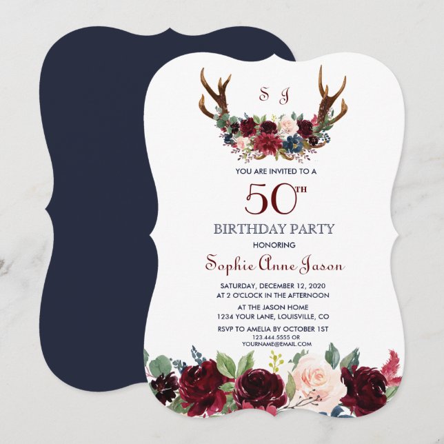 Boho Merlot Navy Blue Floral Antlers 50th Birthday Invitation (Front/Back)