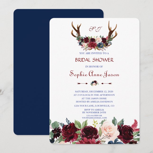 Boho Merlot Navy Blue Floral Antlers Bridal Shower Invitation (Front/Back)