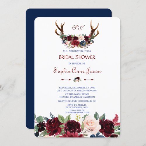 Boho Merlot Navy Blue Floral Antlers Bridal Shower Invitation