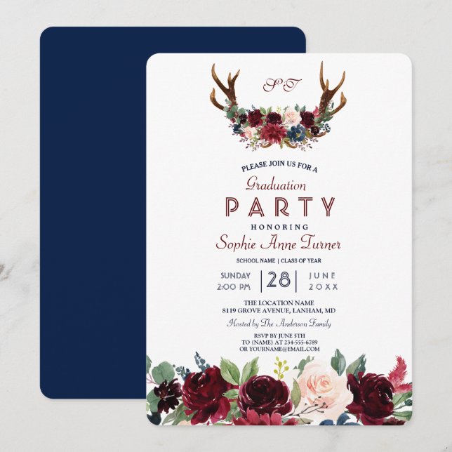 Boho Merlot Navy Blue Floral Antlers Graduation Invitation (Front/Back)
