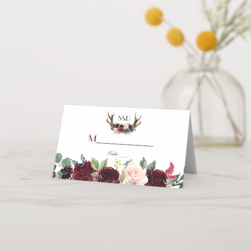 Boho Merlot Navy Blue Floral Antlers Table Number Place Card