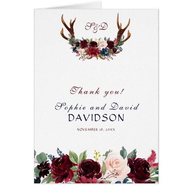 Boho Merlot Navy Blue Floral Antlers Thank you (Front)