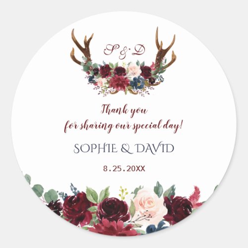 Boho Merlot Navy Blue Floral Antlers Wedding Classic Round Sticker