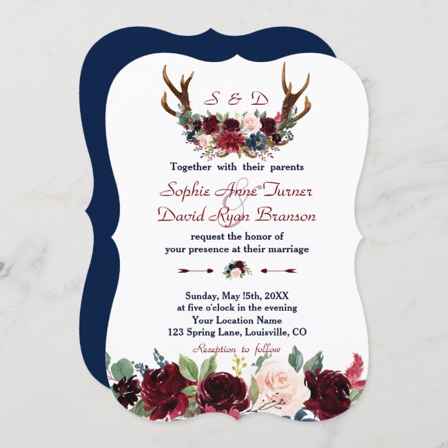 Boho Merlot Navy Blue Floral Antlers Wedding Invitation