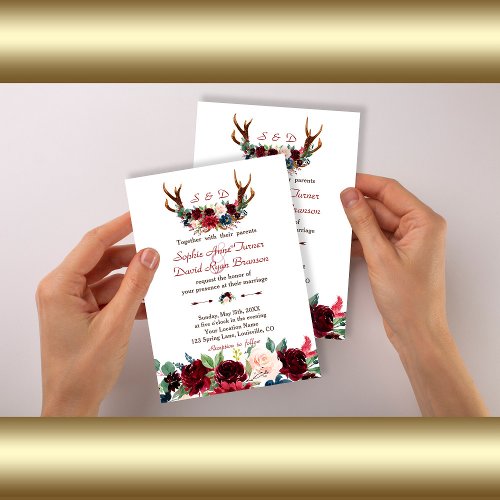 Boho Merlot Navy Blue Floral Antlers Wedding Invitation