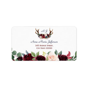Boho Merlot Navy Blue Floral Antlers Wedding Label