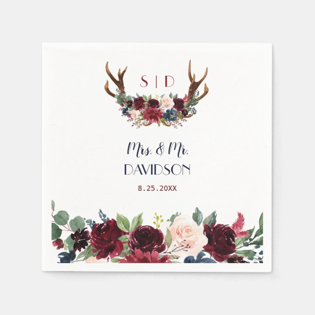 Boho Merlot Navy Blue Floral Antlers Wedding Napkins (Front)