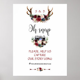 Boho Merlot Navy Blue Floral Antlers Wedding Poster