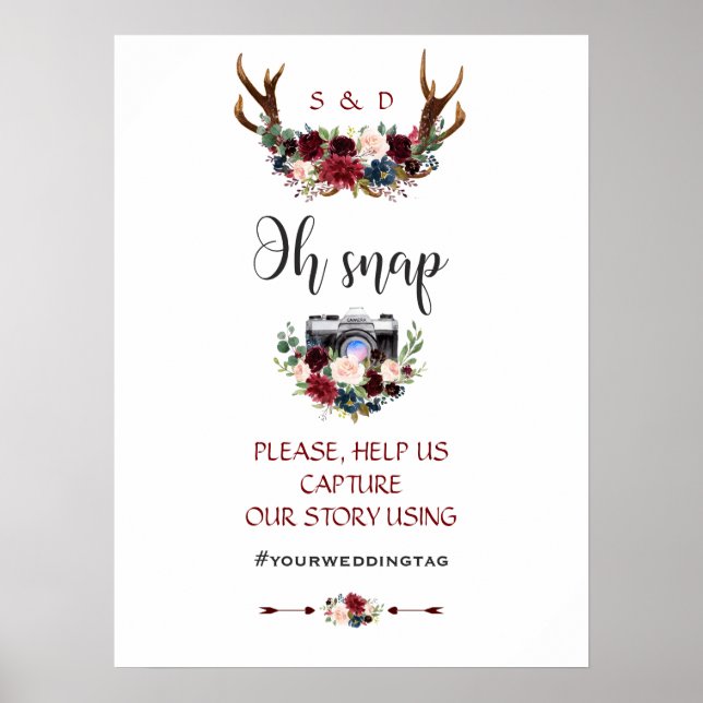Boho Merlot Navy Blue Floral Antlers Wedding Poster (Front)