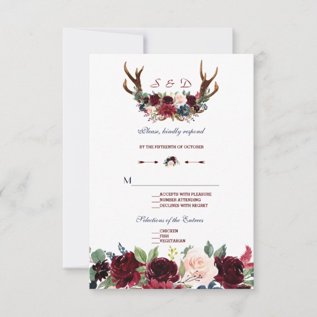 Boho Merlot Navy Blue Floral Antlers Wedding RSVP (Front)