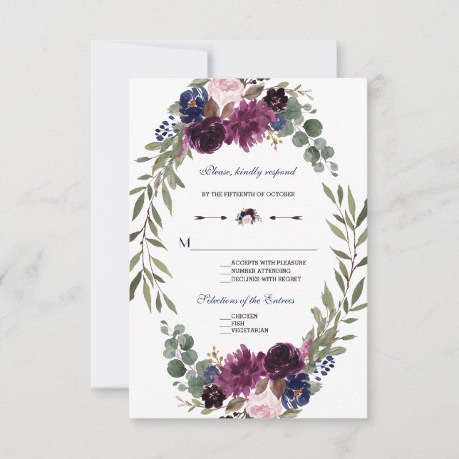 Boho Merlot Navy Blue Floral Antlers Wedding RSVP (Front)