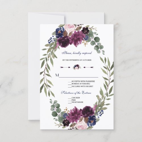 Boho Merlot Navy Blue Floral Antlers Wedding RSVP