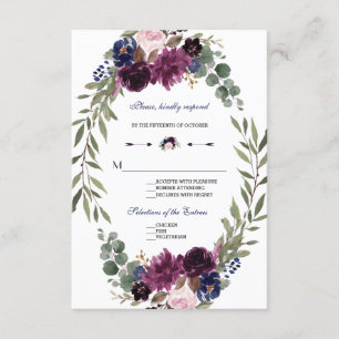 Boho Merlot Navy Blue Floral Antlers Wedding RSVP Card