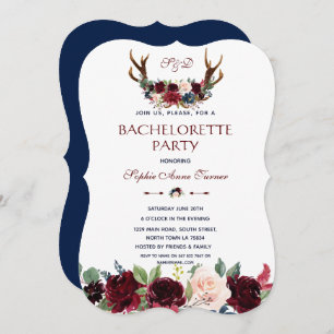 Boho Merlot Navy Floral Antlers Bachelorette Party Invitation
