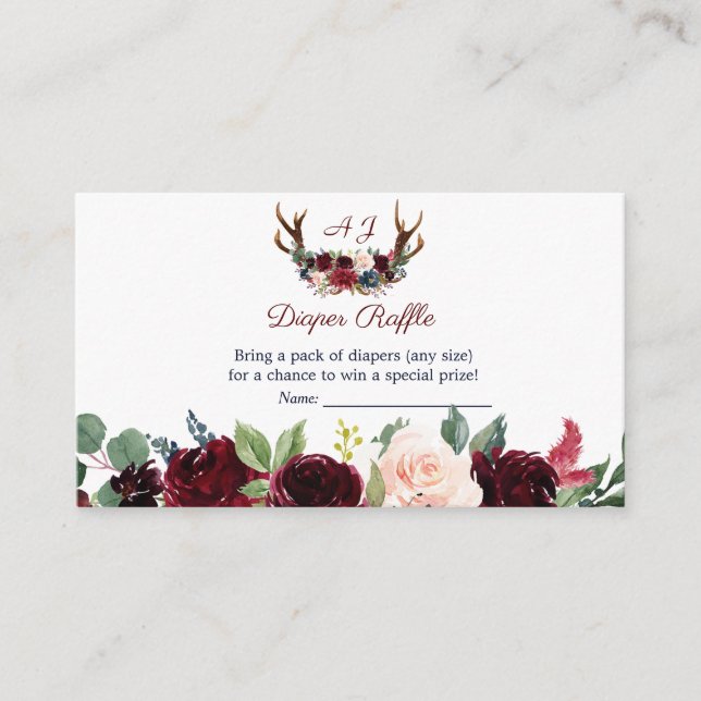 Boho Merlot Navy Floral Antlers Diaper Raffle Enclosure Card (Front)
