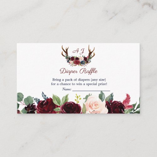 Boho Merlot Navy Floral Antlers Diaper Raffle Enclosure Card