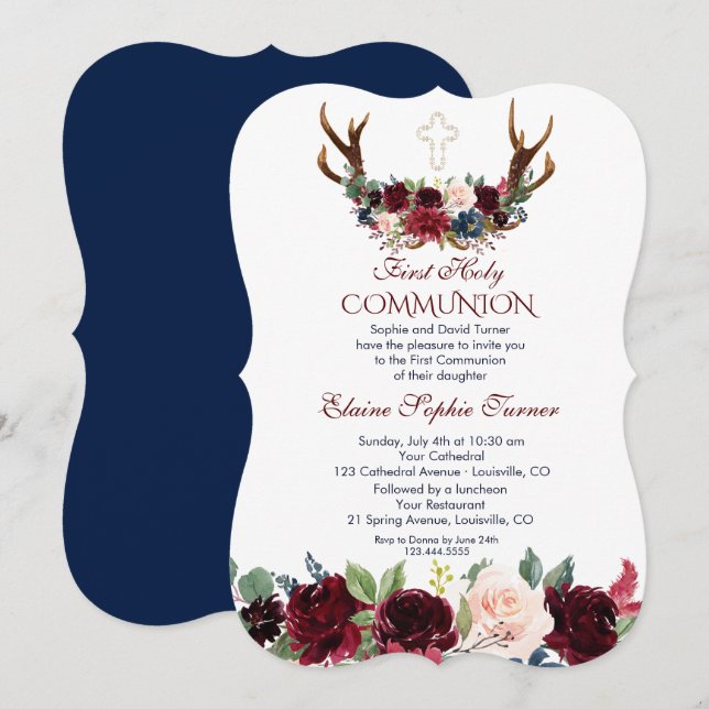 Boho Merlot Navy Floral Antlers First Communion Invitation (Front/Back)