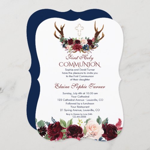 Boho Merlot Navy Floral Antlers First Communion Invitation