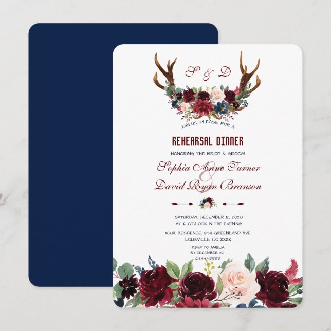 Boho Merlot Navy Floral Antlers Rehearsal Dinner Invitation (Front/Back)