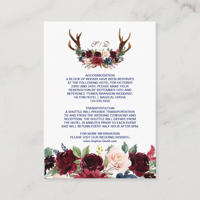 Boho Merlot Navy Floral Antlers Wedding Details Enclosure Card (Front)