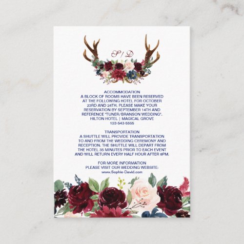 Boho Merlot Navy Floral Antlers Wedding Details Enclosure Card