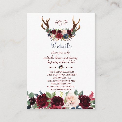 Boho Merlot Navy Floral Antlers Wedding Details Enclosure Card