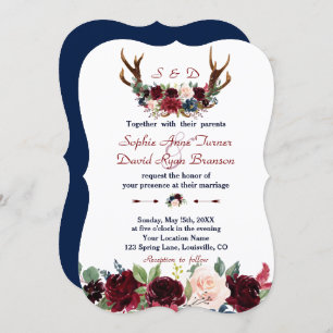 Boho Merlot Navy Floral Antlers Wedding Invitation