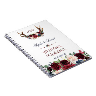 Boho Merlot Navy Floral Antlers Wedding Planner Notebook