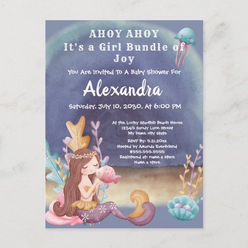 Boho Mermaid Tropical fish Girl Baby Shower Invitation Postcard