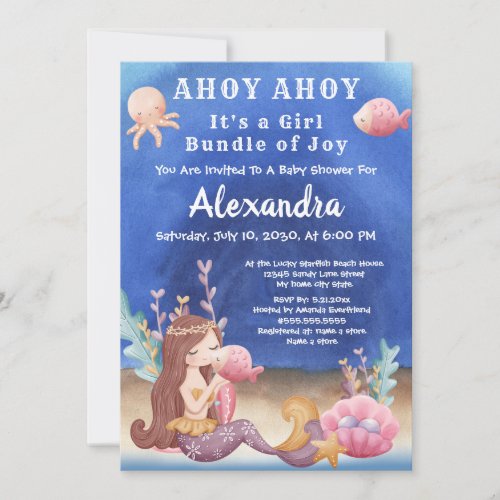 Boho Mermaid Tropical fish Pink Girl Baby Shower Invitation