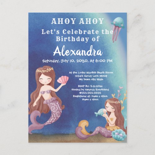 Boho Mermaid Under the Sea  Birthday Party Invitation Postcard