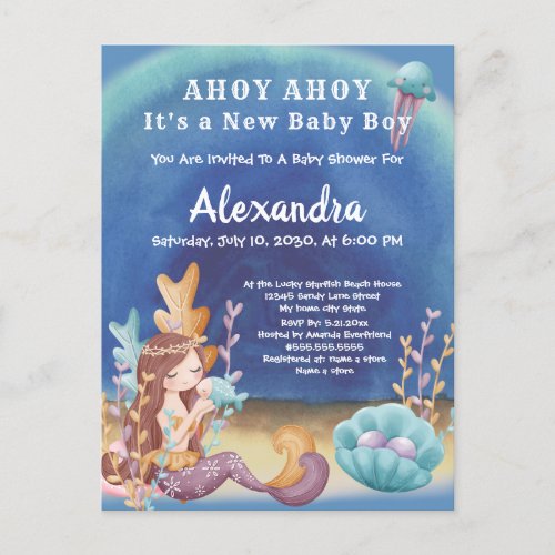 Boho Mermaid Under the Sea Boy Baby Shower Invitation Postcard