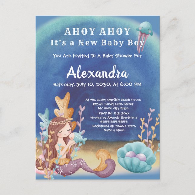 Boho Mermaid, Under the Sea Boy Baby Shower Invitation Postcard (Front)