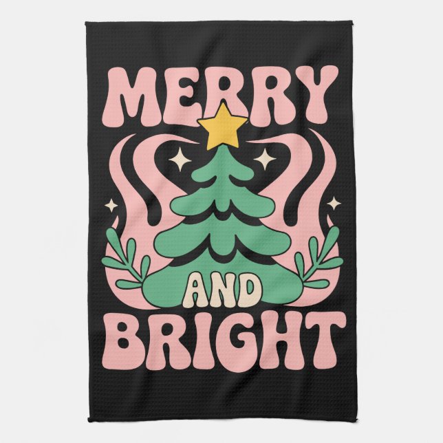 Boho Merry and Bright Personalized Floral Xmas Kitchen Towel (Vertical)