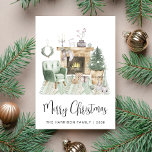 Boho Merry Christmas Holiday Card<br><div class="desc">Boho-inspired holiday card featuring a watercolor illustration of a cozy sage green home interior decorated for Christmas with a wreath,  fireplace,  reindeer,  a Christmas tree,  candles and gnomes. "Merry Christmas" is written in a trendy modern script. Add your name and the year in simple modern typography.</div>