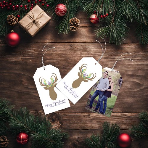 Boho Merry Christmas Reindeer Typography Photo Gift Tags