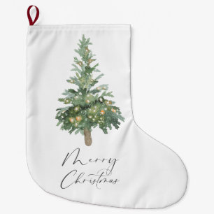 Boho Merry Christmas Watercolor Tree Large Christmas Stocking