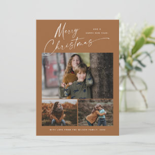 Boho Merry Christmas White Script 3 Photo Collage Holiday Card