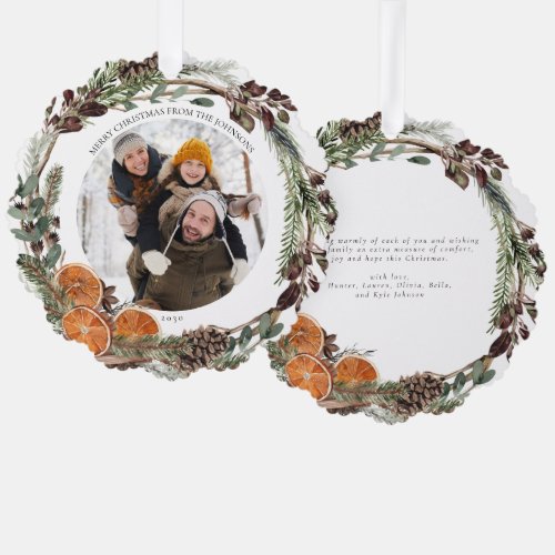 Boho Merry Christmas Winter Citrus Photo Wreath Ornament Card