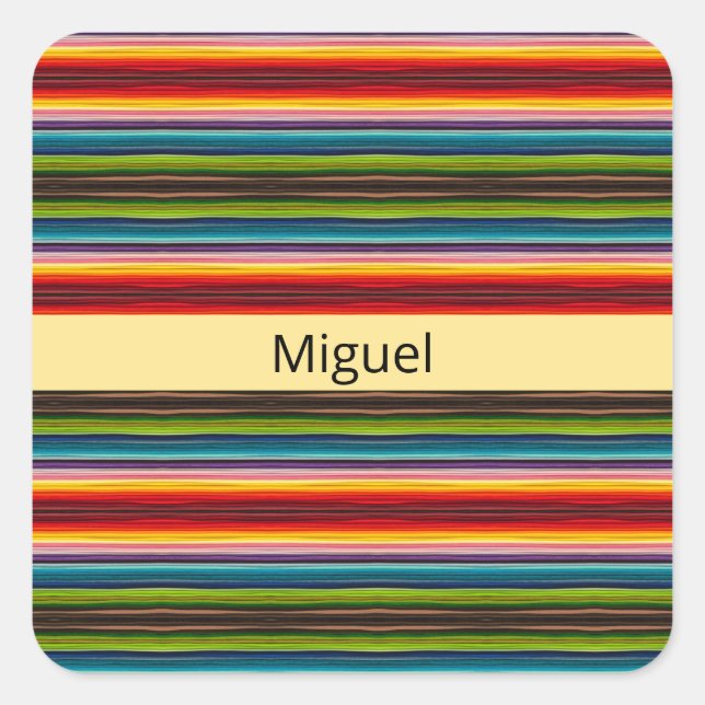 Boho Mexican Serape Stripes Custom Name Square Sticker (Front)