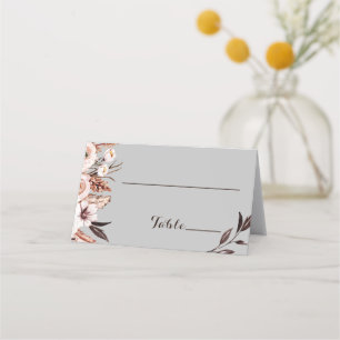 Boho Mid-Gray with Pink Flowers Place Card
