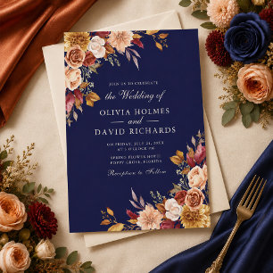 Boho Midnight Blue Burnt Orange Floral Wedding Invitation