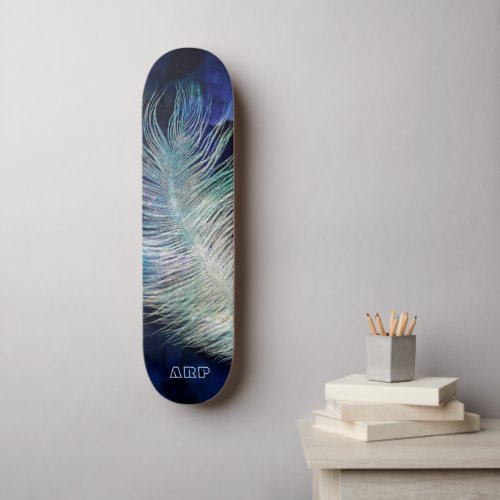   Boho Midnight Blue Sky Cosmic Pastel Feather Skateboard