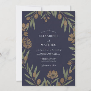 Boho Midnight Olive Leaf Wedding Invitation