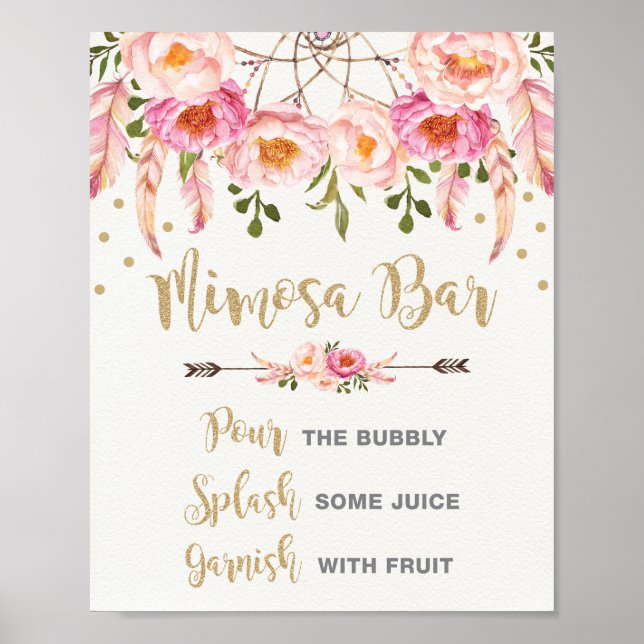 Boho Mimosa Bar Pink Gold Bridal Shower Poster (Front)