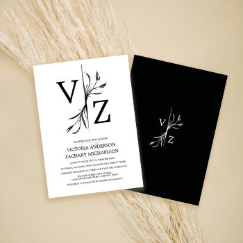 Boho Minimal Black And White Leaf Monogram Wedding Invitation by _LaFemme_ at Zazzle