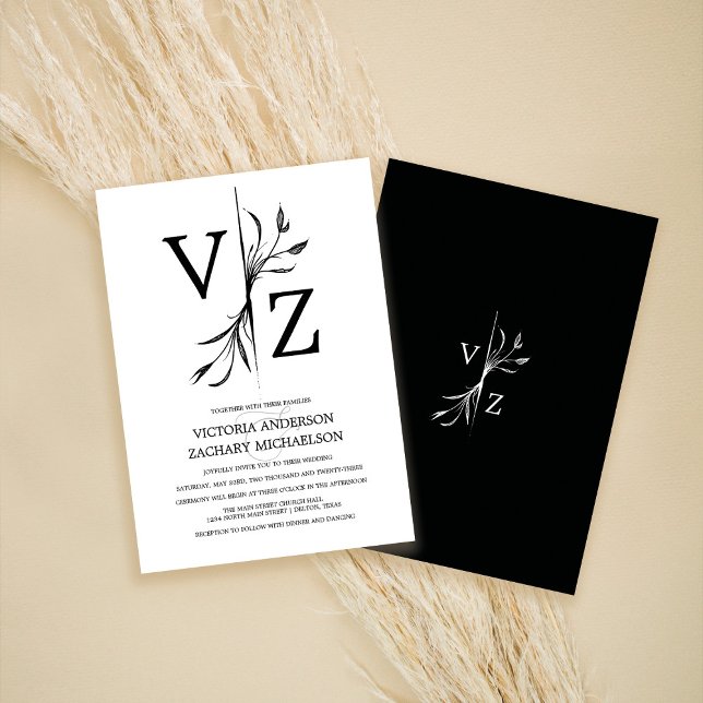 Boho Minimal Black and White Leaf Monogram Wedding Invitation (Creator Uploaded)